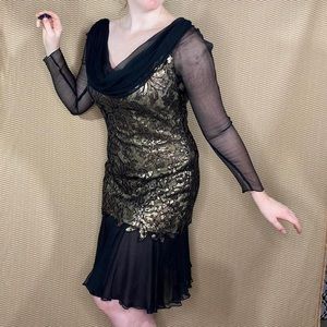 80s Tadashi Shoji Black/Gold Sequined Flapper Holiday Party Dress, Size M.